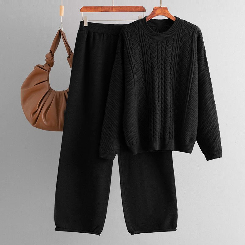 Winter loose twist pullover sweater women's suit knitted wide - leg pants co - ord set - Negative Apparel