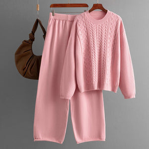 Winter loose twist pullover sweater women's suit knitted wide - leg pants co - ord set - Negative Apparel