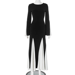 Winter new black and white contrast stitching long sleeve waist dress - Negative Apparel