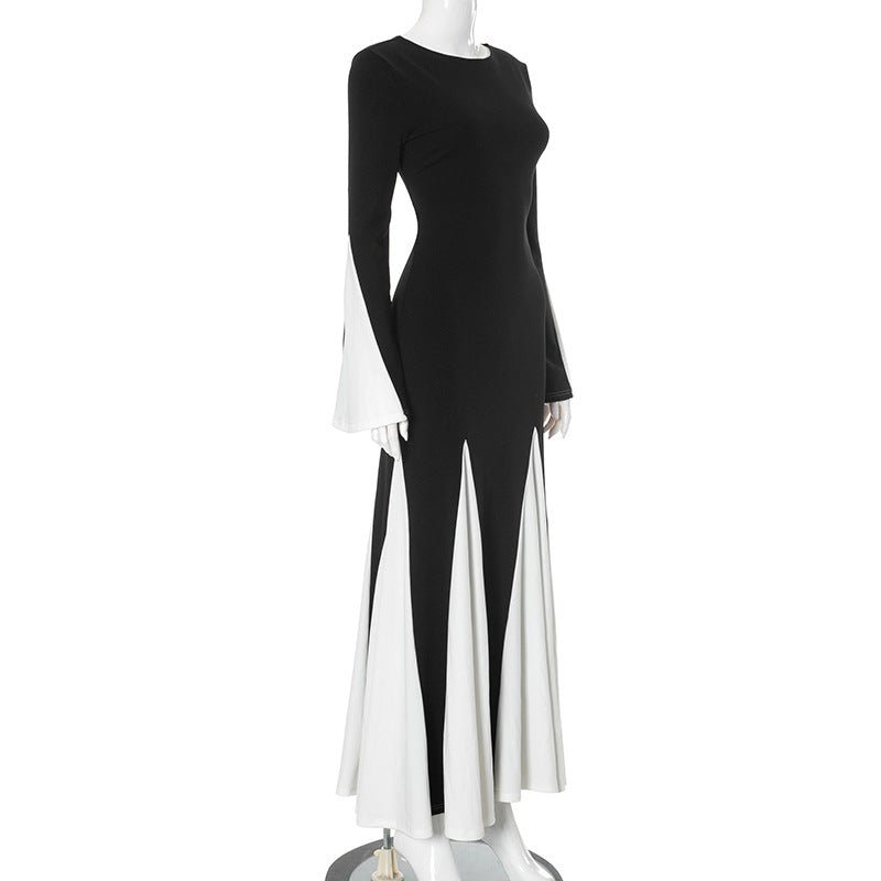 Winter new black and white contrast stitching long sleeve waist dress - Negative Apparel