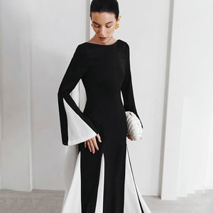 Winter new black and white contrast stitching long sleeve waist dress - Negative Apparel