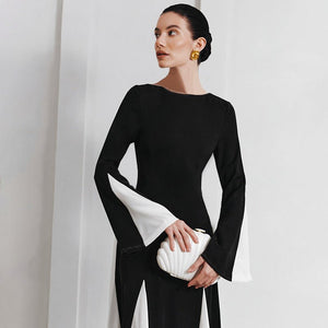 Winter new black and white contrast stitching long sleeve waist dress - Negative Apparel