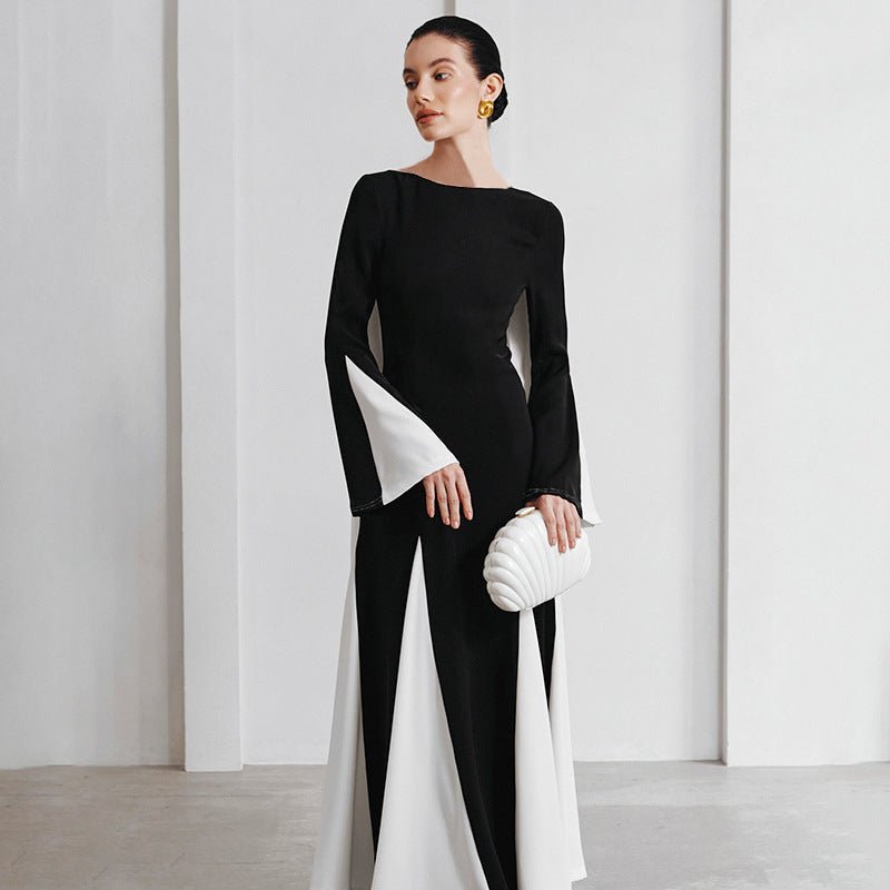 Winter new black and white contrast stitching long sleeve waist dress - Negative Apparel