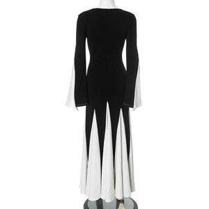 Winter new black and white contrast stitching long sleeve waist dress - Negative Apparel