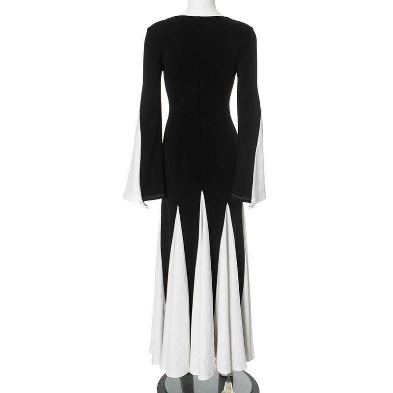 Winter new black and white contrast stitching long sleeve waist dress - Negative Apparel