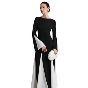 Winter new black and white contrast stitching long sleeve waist dress - Negative Apparel