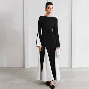 Winter new black and white contrast stitching long sleeve waist dress - Negative Apparel