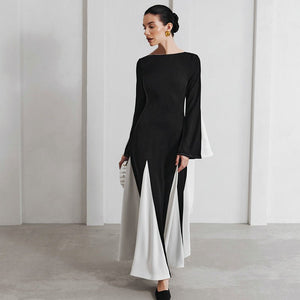 Winter new black and white contrast stitching long sleeve waist dress - Negative Apparel