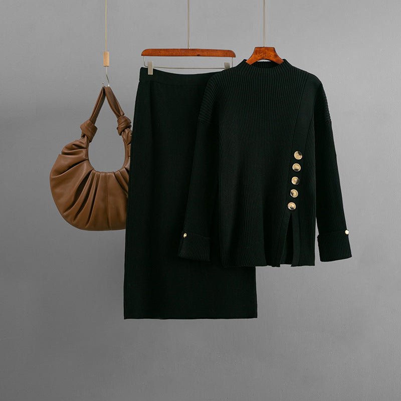 Winter new side slit button decorative sweater skirt two - piece set - Negative Apparel