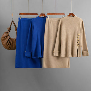 Winter new side slit button decorative sweater skirt two - piece set - Negative Apparel
