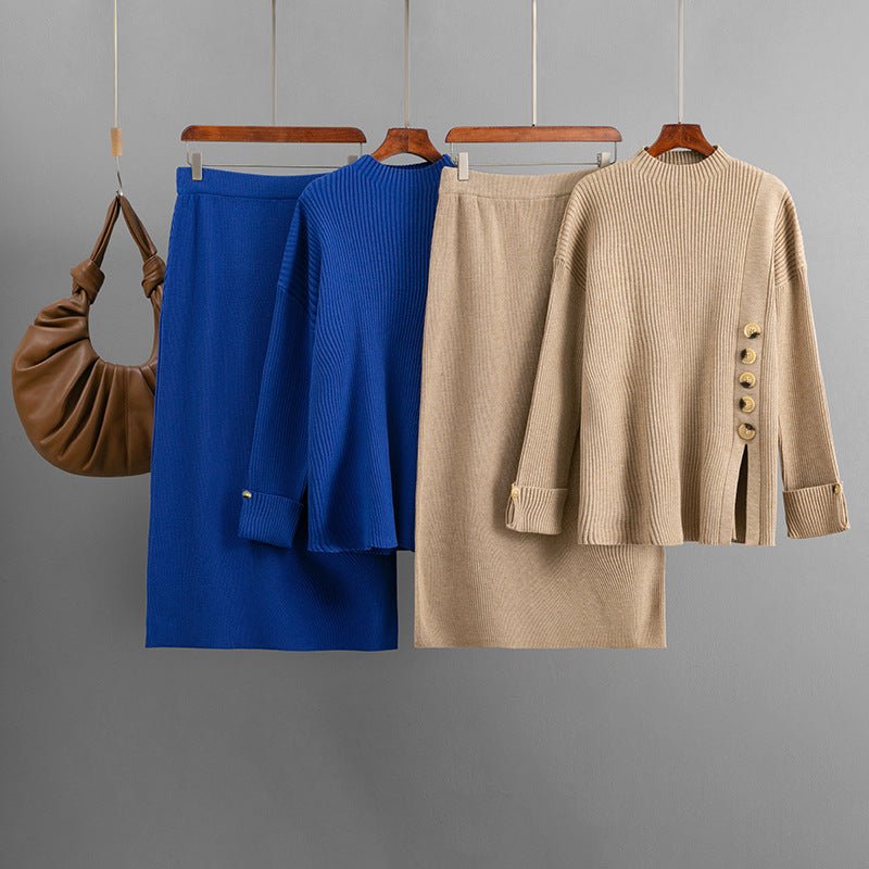 Winter new side slit button decorative sweater skirt two - piece set - Negative Apparel