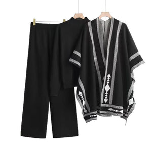 Winter sweater knitted long - sleeved shawl wide - leg pants three - piece set - Negative Apparel