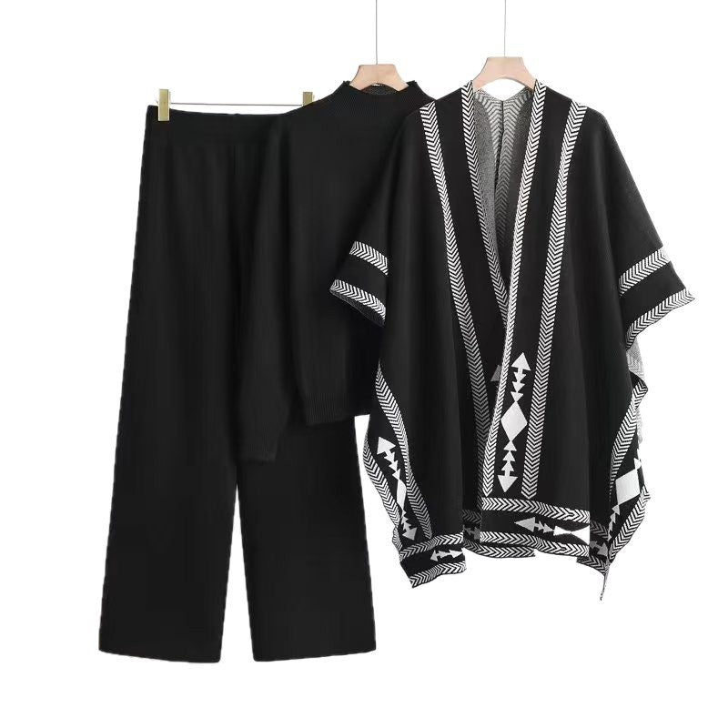 Winter sweater knitted long - sleeved shawl wide - leg pants three - piece set - Negative Apparel