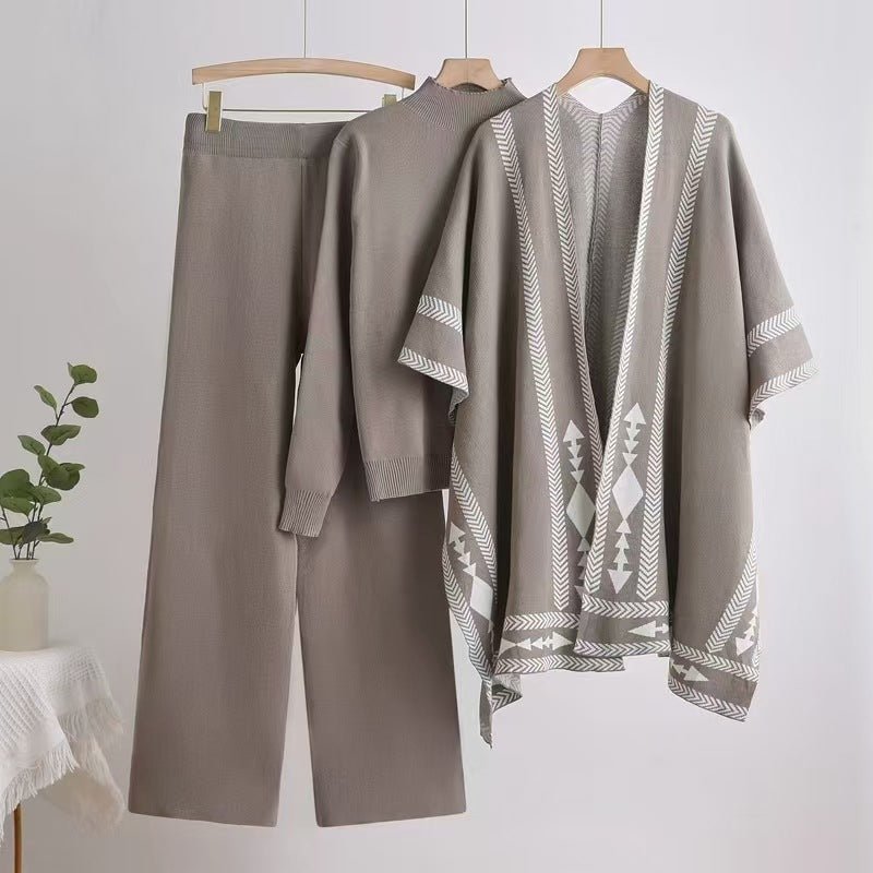 Winter sweater knitted long - sleeved shawl wide - leg pants three - piece set - Negative Apparel