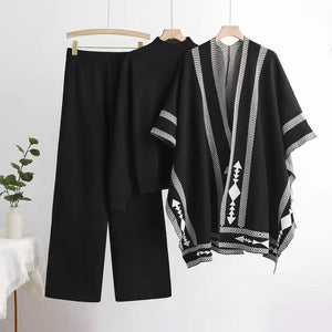 Winter sweater knitted long - sleeved shawl wide - leg pants three - piece set - Negative Apparel