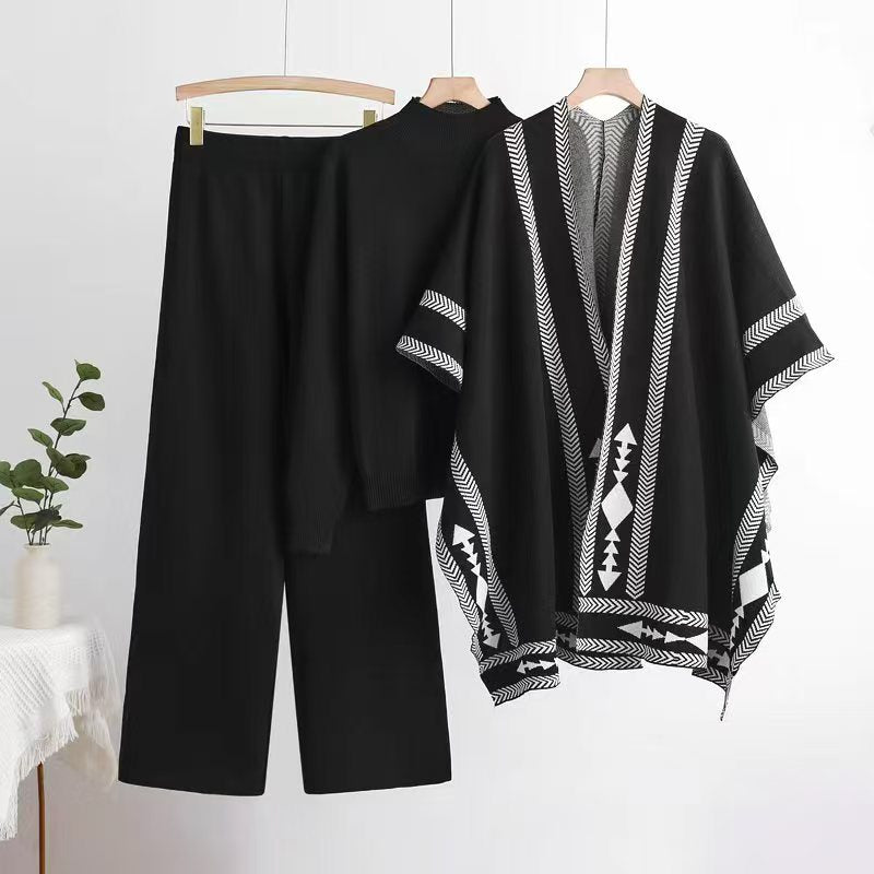 Winter sweater knitted long - sleeved shawl wide - leg pants three - piece set - Negative Apparel