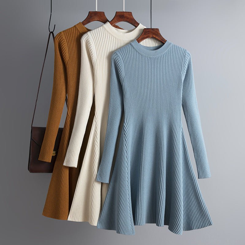 Winter women's clothing knitted long - sleeved solid color slim - fitting dress - Negative Apparel