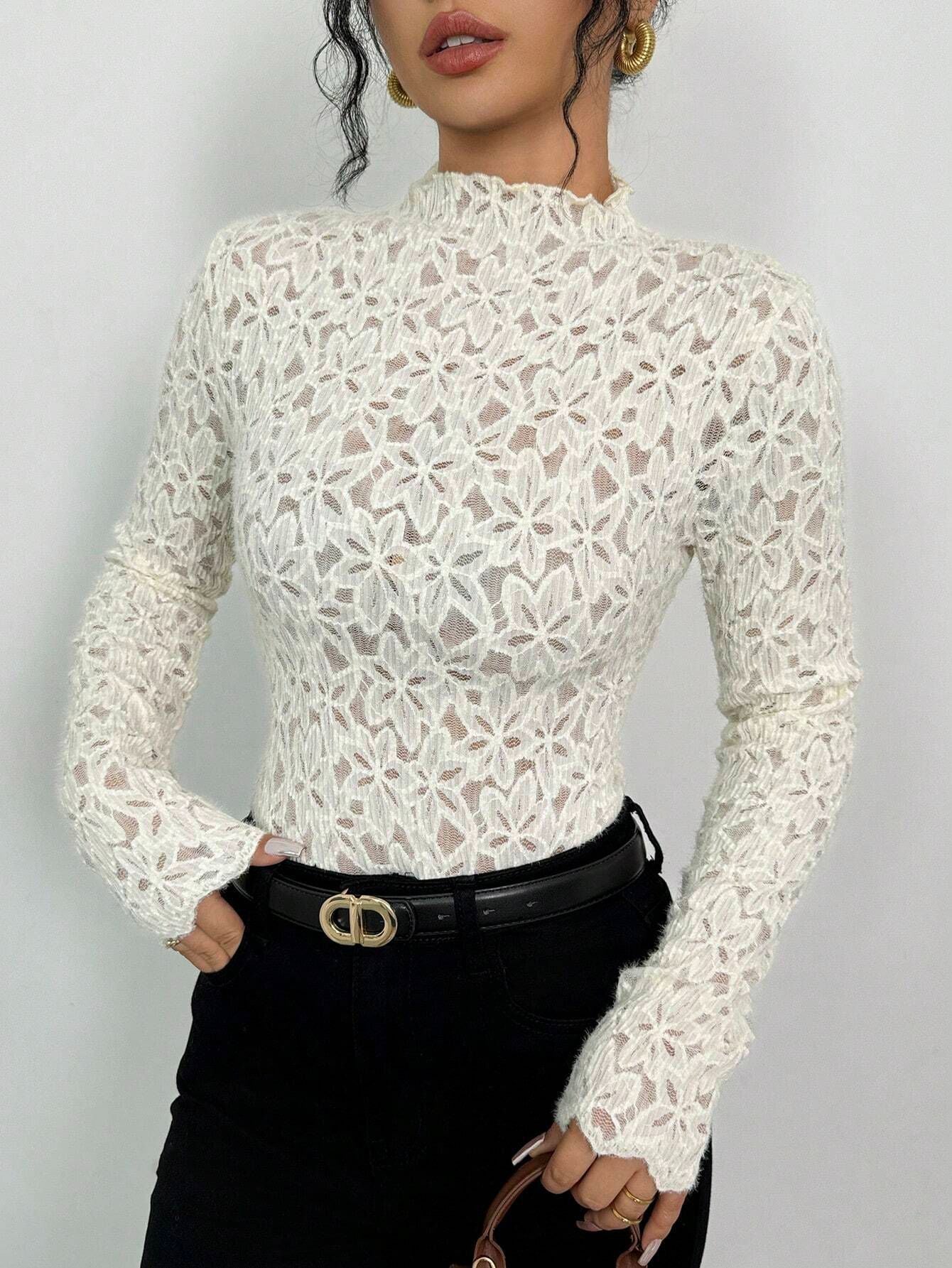 Wmen's fungus edge semi - turtleneck lace slim T-shirt top - Negative Apparel
