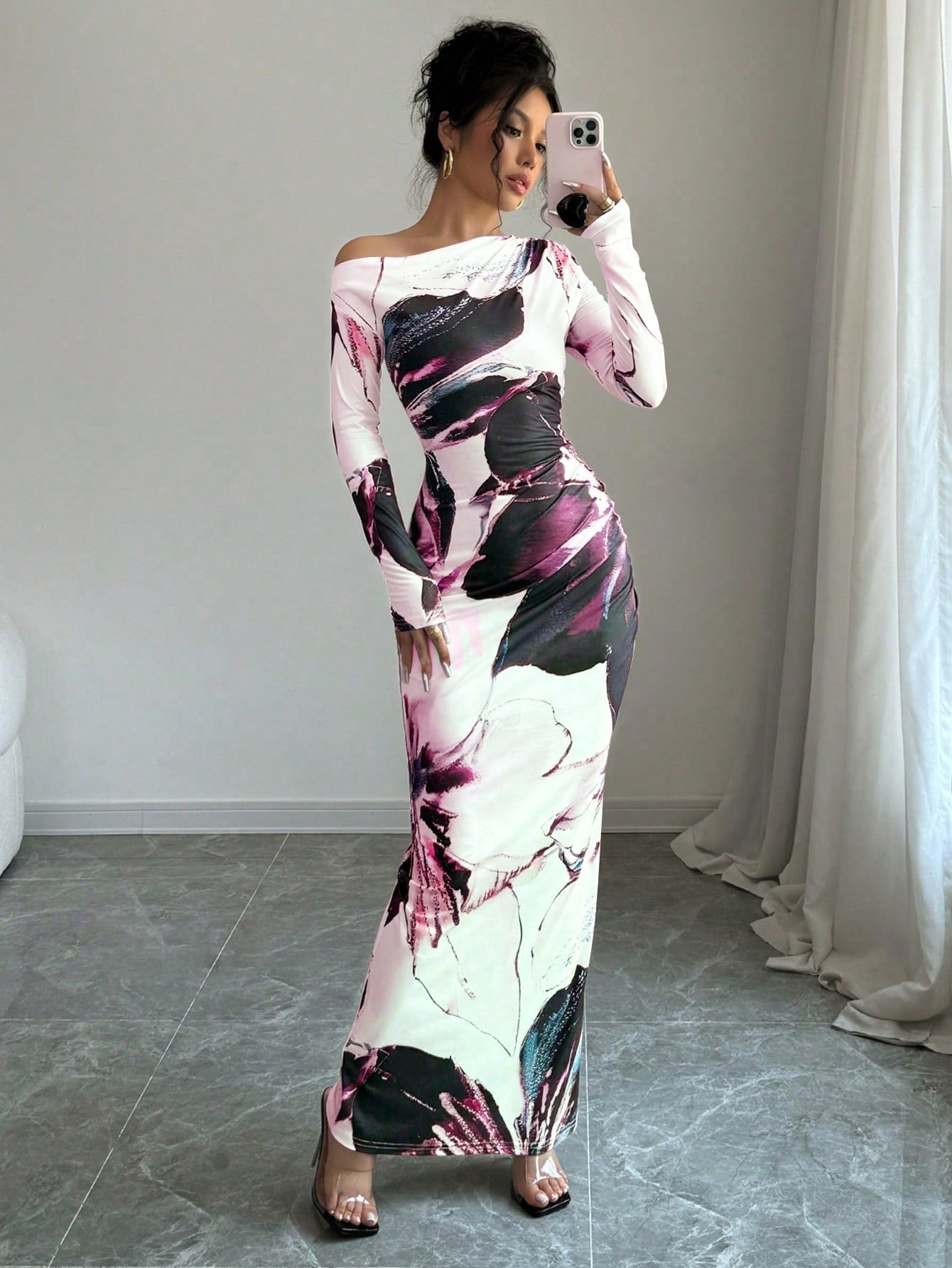 Women All - Over Allover Print Asymmetric Neckline Long Sleeve Waisted Dress Maxi Women Outfit - Negative Apparel