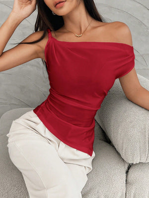 Women Asymmetrical Shoulder Ruched Uneven Hem Casual T-Shirt, Summer - Negative Apparel