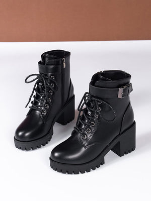 Women Buckle Decor Lace-Up Front Zipper Side Platform Combat Boots, Punk Outdoor Boots - Negative Apparel