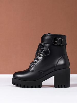 Women Buckle Decor Lace-Up Front Zipper Side Platform Combat Boots, Punk Outdoor Boots - Negative Apparel