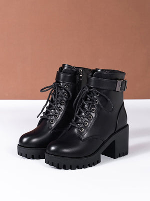 Women Buckle Decor Lace-Up Front Zipper Side Platform Combat Boots, Punk Outdoor Boots - Negative Apparel