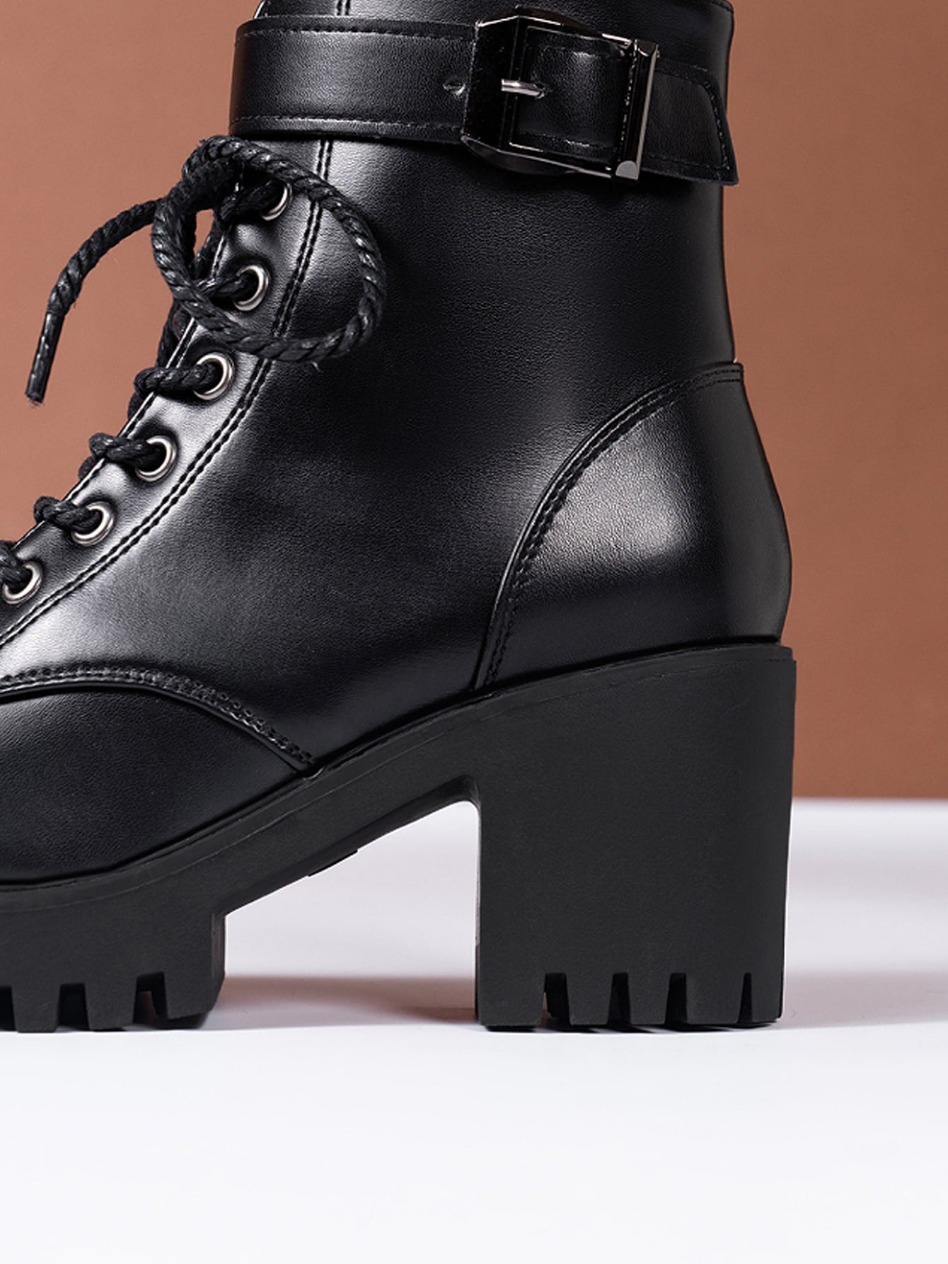Women Buckle Decor Lace-Up Front Zipper Side Platform Combat Boots, Punk Outdoor Boots - Negative Apparel