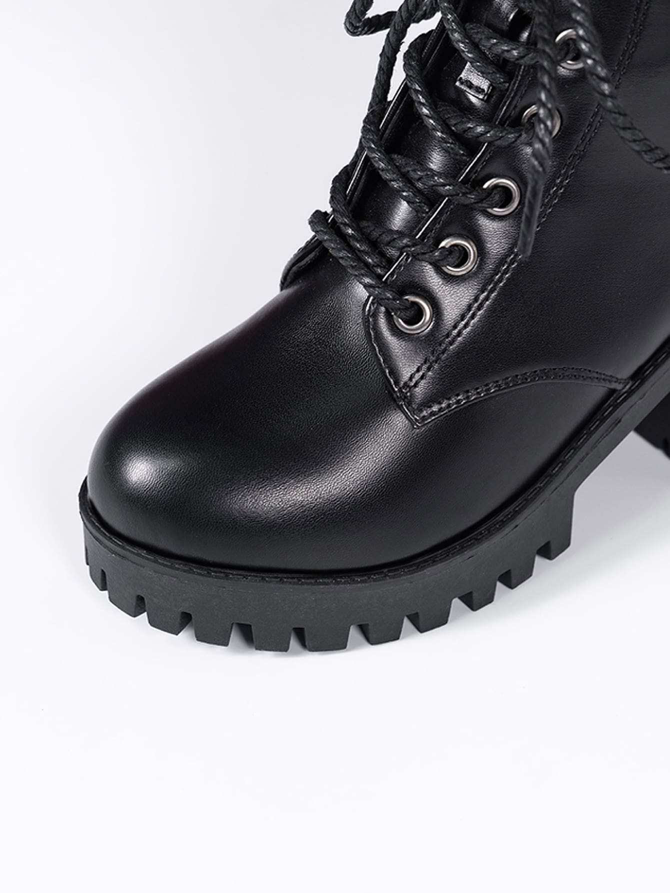 Women Buckle Decor Lace-Up Front Zipper Side Platform Combat Boots, Punk Outdoor Boots - Negative Apparel