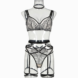 Women collar garter set embroidery mesh stitching fun five - piece lingerie set - Negative Apparel