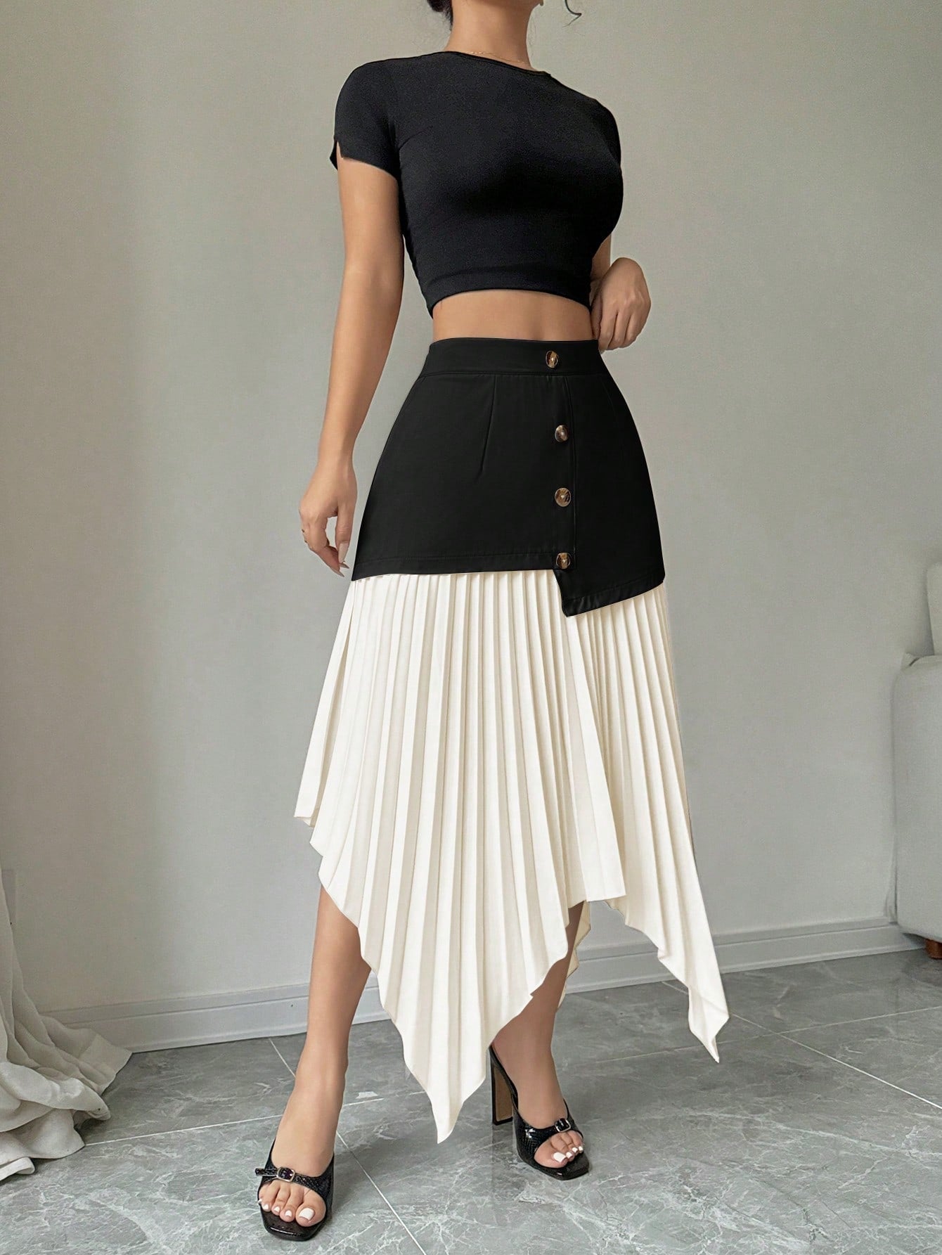 Women Contrast Color Pleated Asymmetric Asymmetrical Hem Elegant Romantic Skirt - Negative Apparel