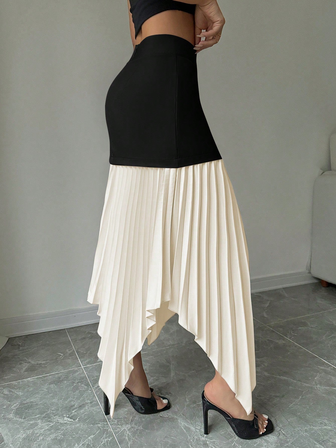 Women Contrast Color Pleated Asymmetric Asymmetrical Hem Elegant Romantic Skirt - Negative Apparel