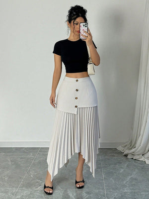 Women Contrast Color Pleated Asymmetric Asymmetrical Hem Elegant Romantic Skirt - Negative Apparel