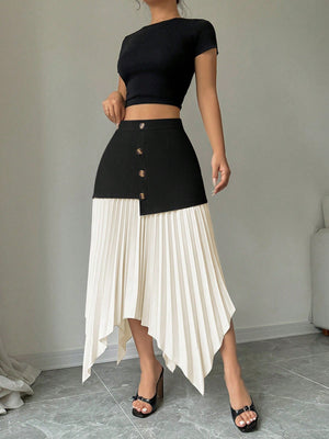 Women Contrast Color Pleated Asymmetric Asymmetrical Hem Elegant Romantic Skirt - Negative Apparel