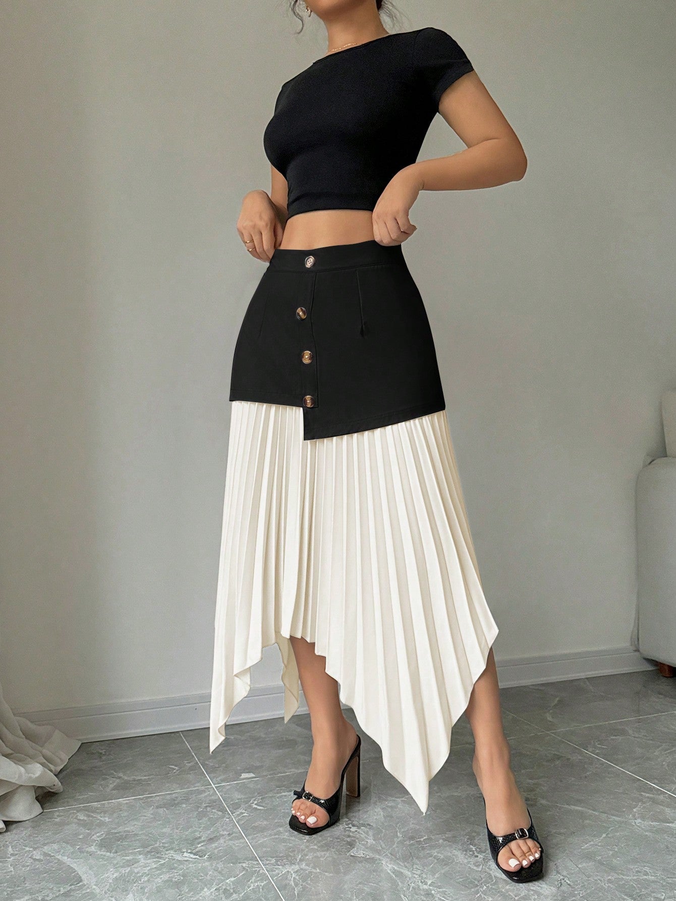 Women Contrast Color Pleated Asymmetric Asymmetrical Hem Elegant Romantic Skirt - Negative Apparel