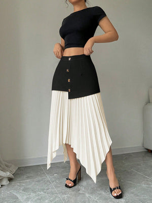 Women Contrast Color Pleated Asymmetric Asymmetrical Hem Elegant Romantic Skirt - Negative Apparel