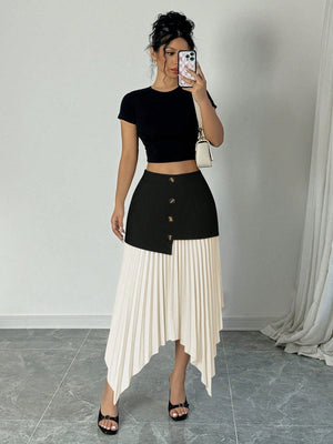 Women Contrast Color Pleated Asymmetric Asymmetrical Hem Elegant Romantic Skirt - Negative Apparel