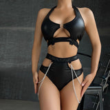 Women cross pu leather lingerie set - Negative Apparel