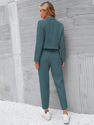 Women Deep Green Short Blazer Jacket And Front Pleated Pocketed Suit Pants Set - Negative Apparel