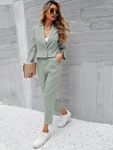 Women Deep Green Short Blazer Jacket And Front Pleated Pocketed Suit Pants Set - Negative Apparel