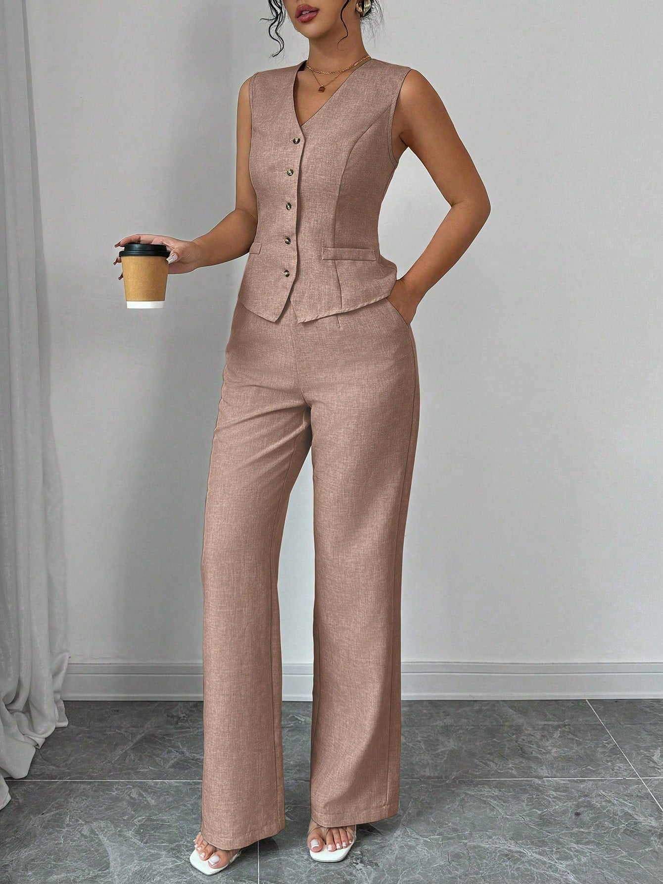 Women Elegant Chic Commuter Casual Sleeveless V - Neck Gathered Waist Back Tie Vest & Straight Leg Pants Suit Set - Negative Apparel