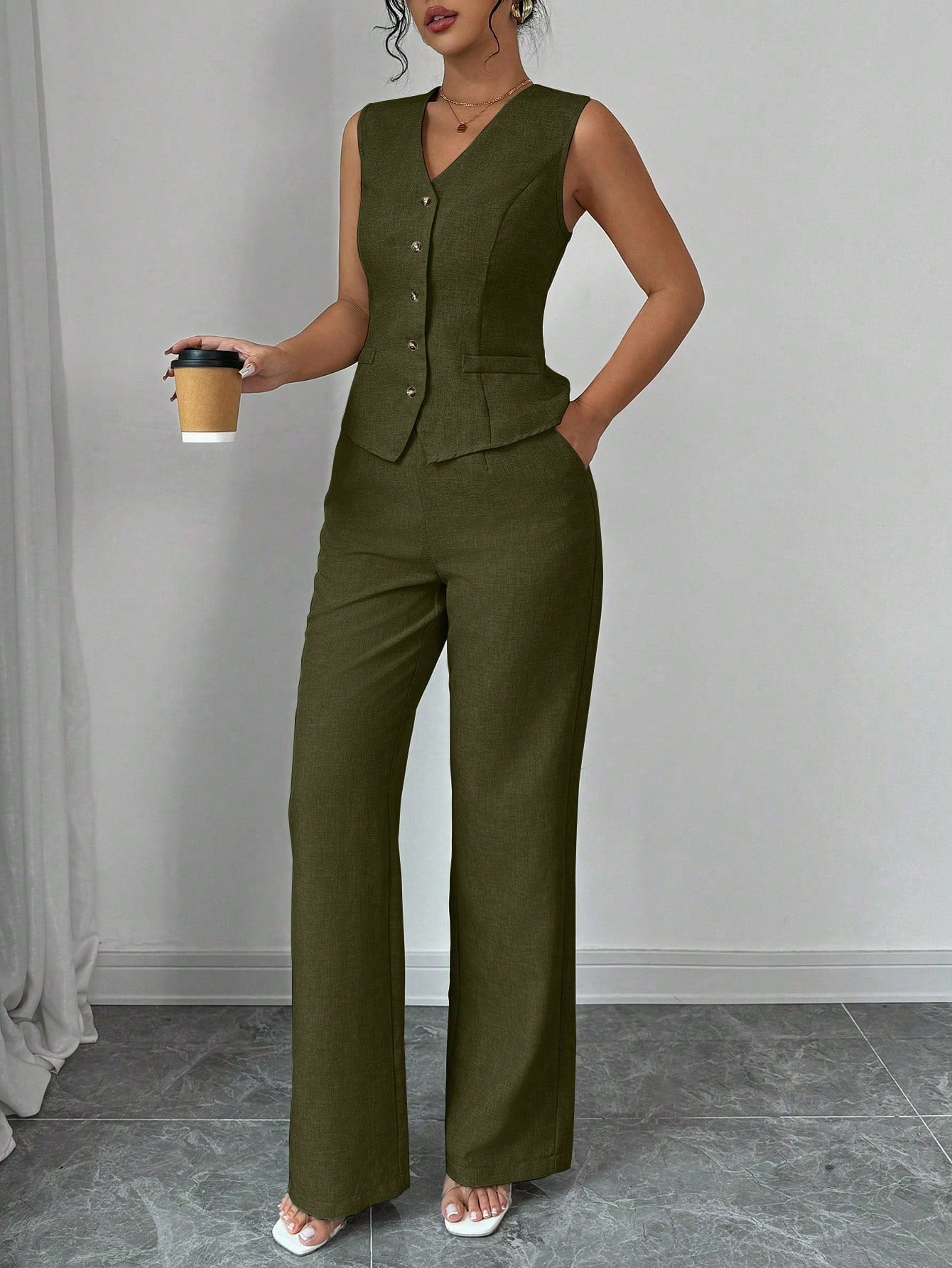 Women Elegant Chic Commuter Casual Sleeveless V - Neck Gathered Waist Back Tie Vest & Straight Leg Pants Suit Set - Negative Apparel