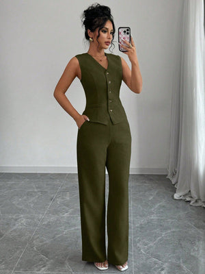 Women Elegant Chic Commuter Casual Sleeveless V - Neck Gathered Waist Back Tie Vest & Straight Leg Pants Suit Set - Negative Apparel