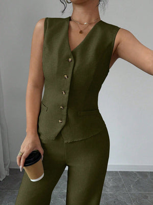 Women Elegant Chic Commuter Casual Sleeveless V - Neck Gathered Waist Back Tie Vest & Straight Leg Pants Suit Set - Negative Apparel