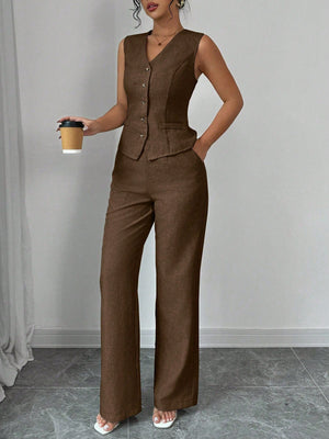 Women Elegant Chic Commuter Casual Sleeveless V - Neck Gathered Waist Back Tie Vest & Straight Leg Pants Suit Set - Negative Apparel