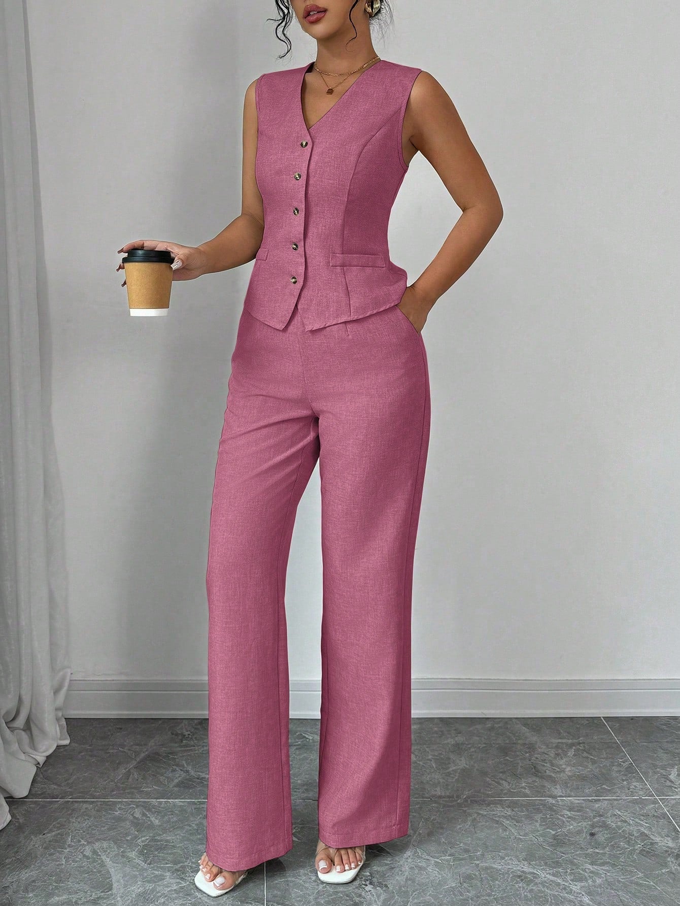 Women Elegant Chic Commuter Casual Sleeveless V - Neck Gathered Waist Back Tie Vest & Straight Leg Pants Suit Set - Negative Apparel