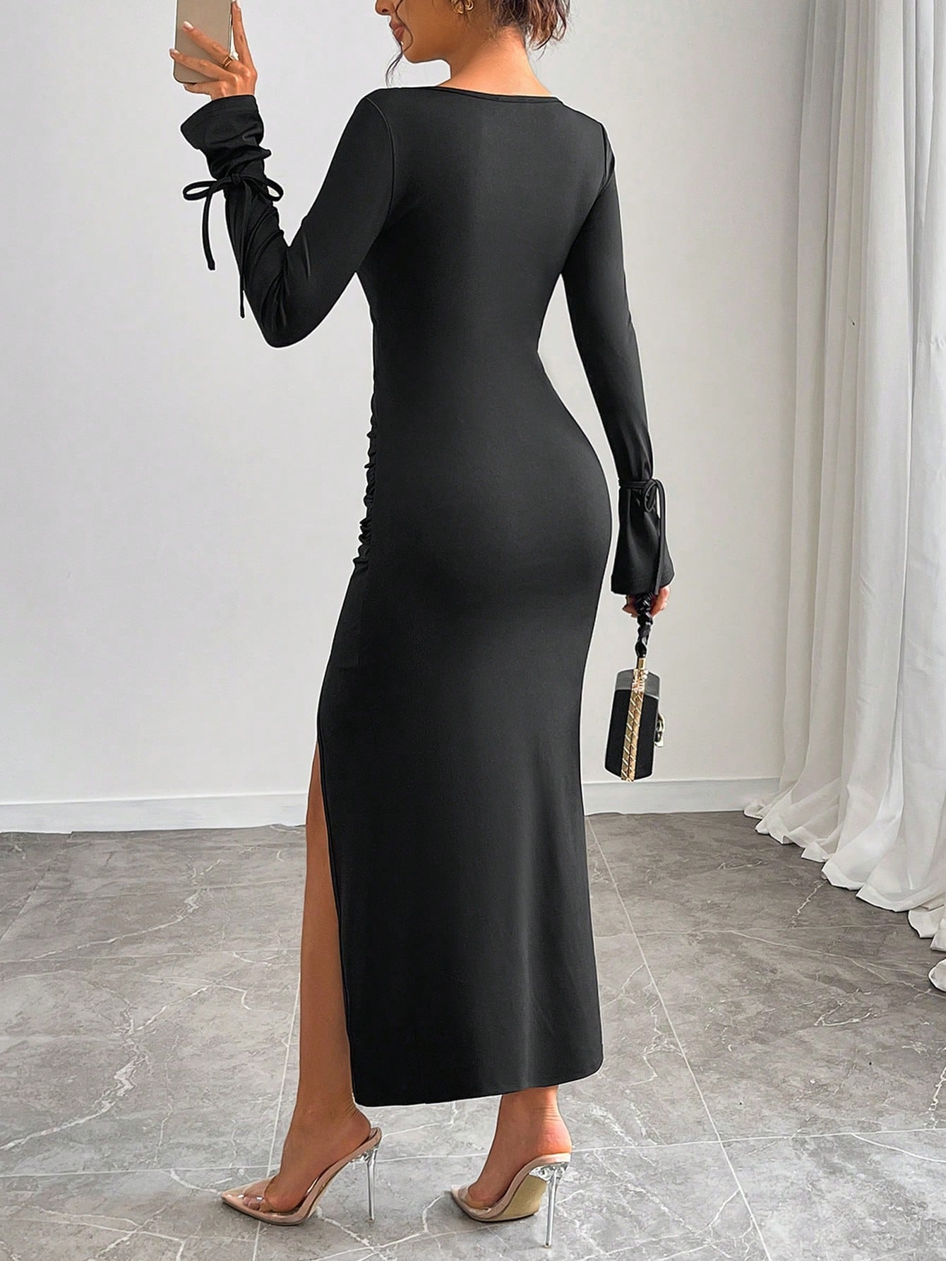 Women Elegant Hollow Floral 3D Pleated Bodycon Split Tied Backless Midi Dress - Negative Apparel