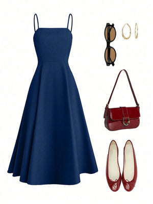 Women Elegant Solid Color Spaghetti Strap Dress, Summer FD - Negative Apparel