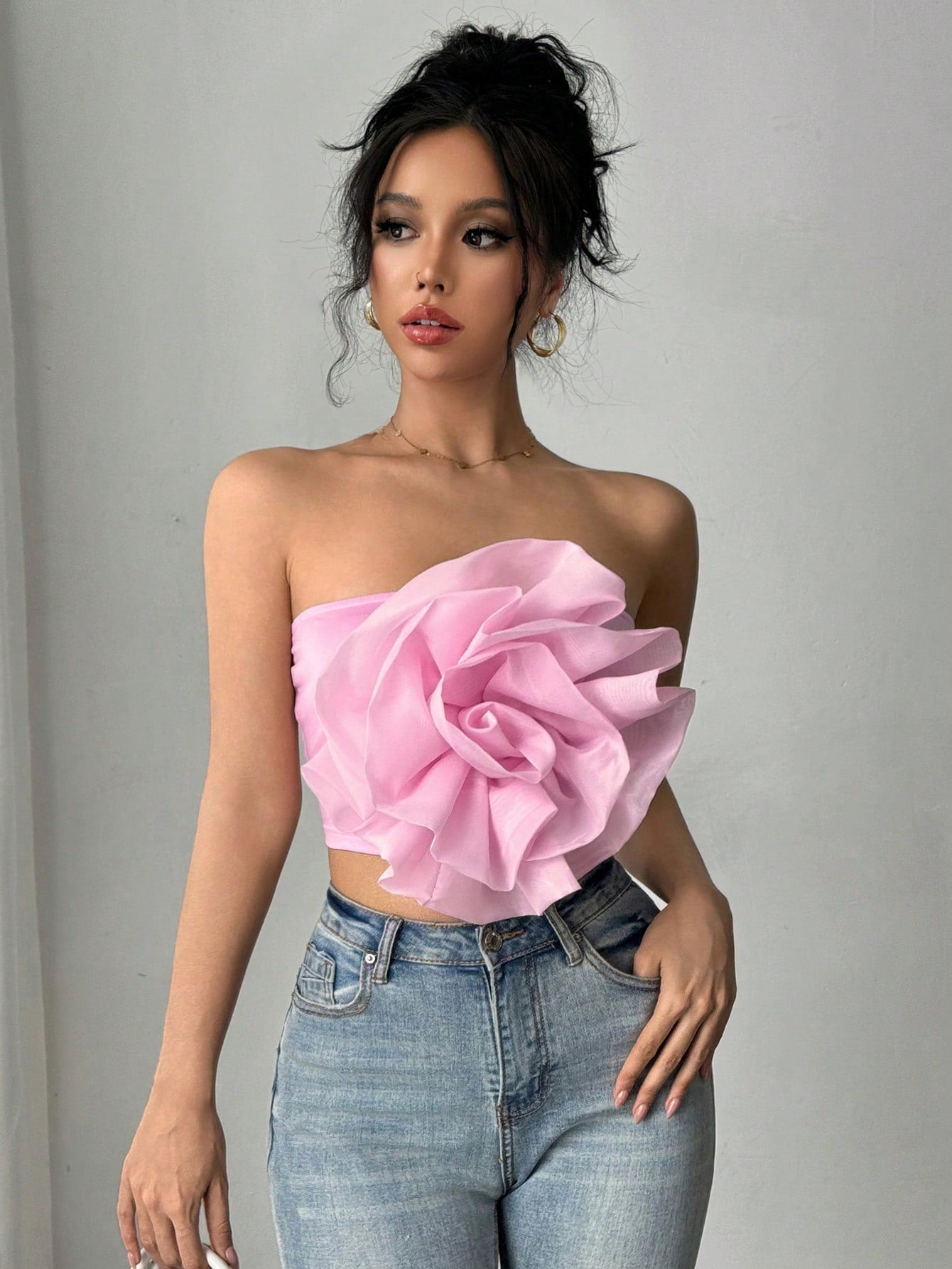 Women Fashion Elegant Party Sexy New Pink 3D Flower Bandeau Top,Sexy Top,Party Top For Dating,Thanksgiving,Christmas,Daily - Negative Apparel