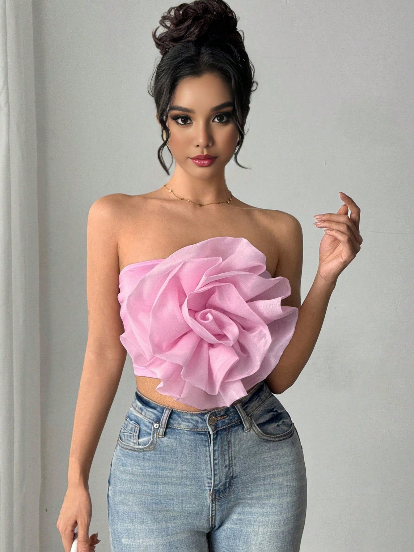 Women Fashion Elegant Party Sexy New Pink 3D Flower Bandeau Top,Sexy Top,Party Top For Dating,Thanksgiving,Christmas,Daily - Negative Apparel